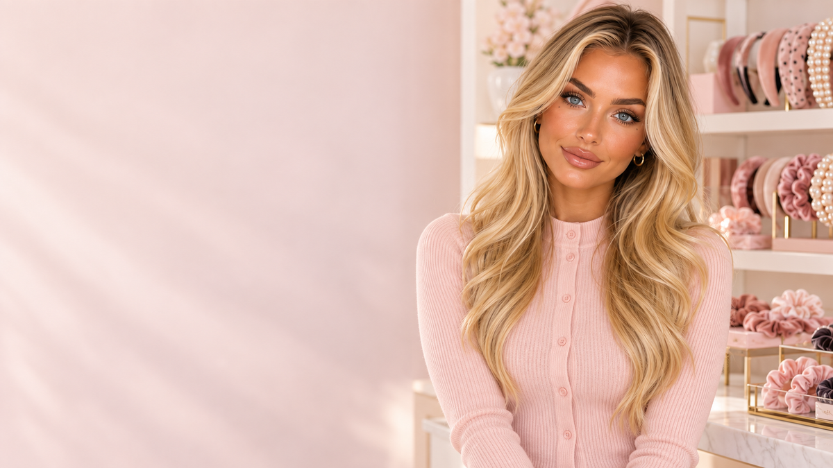 Mia Hart, virtual creator, in a blush pink beauty boutique